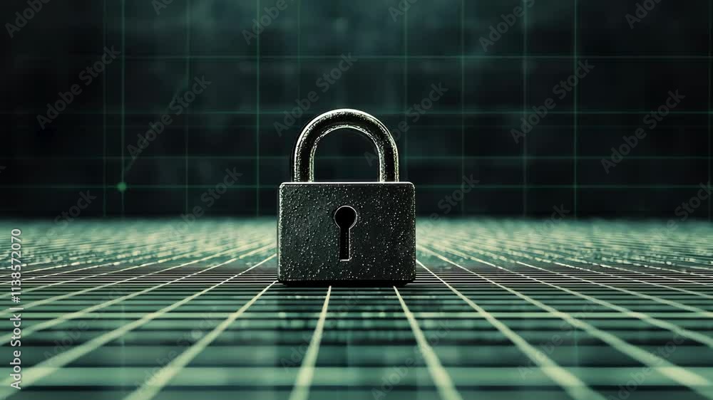 Poster secure digital lock on grid background representing data security and protection concepts