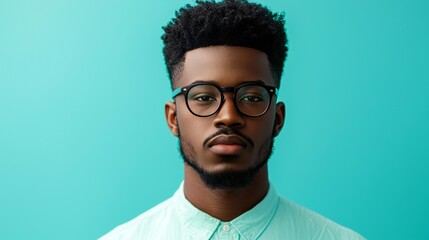 Obraz premium Black history month, Confident Young Black Man Portrait Glasses Teal Background