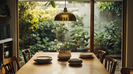 Sunlight illuminates a dining table set for a meal in a room overlooking a lush garden.