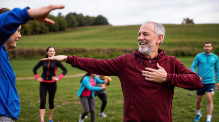 Naklejka premium Senior man joyfully stretches with diverse group during outdoor fitness class, embracing active aging and community wellness in rural setting