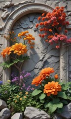 Naklejka premium Elaborate stone relief featuring realistic depictions of natural elements such as flowers and trees, Mesoamerican culture, Mayan flora