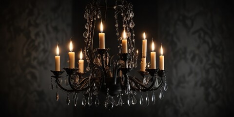 elegant chandelier with flickering candle atop a luxurious black backdrop, candle, sophisticated, interior