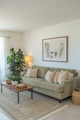 Elegant living room with light green sofa and peaceful decor showcasing minimalistic style