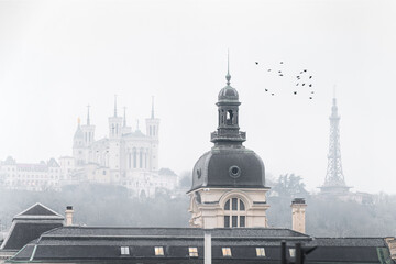 Foggy day on Fourvière hill in Lyon (France)