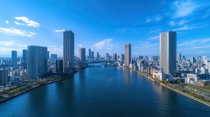 Fototapeta premium A bustling metropolitan skyline with towering skyscrapers and bridges. 