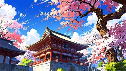 Japanese Temple Under Cherry Blossoms