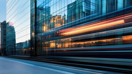 Fototapeta premium A high-speed train speeding past a large glass building, with its reflection captured on the building's shiny windows