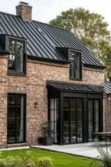 Obraz premium Charming black clad house with modern design and warm lights in evening