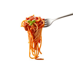 Render of a fork with spaghetti and tomato sauce, isolated on transparent background. 