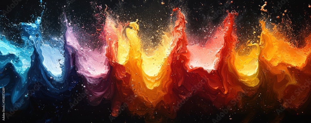 Poster vivid paint splashes in abstract spectrum of colors on dark background