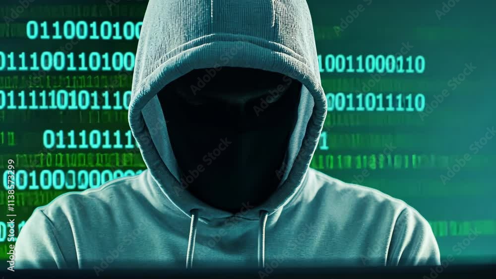 Aufkleber mysterious hacker in a hooded sweatshirt engaged in cyber activities with binary code