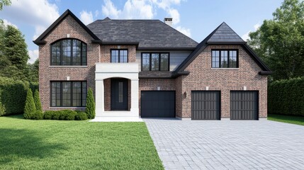 Elegant Modern Brick House with Three Garages and Lush Green Landscape