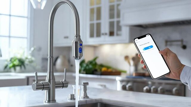 This Automated faucet pours water in a modern kitchen, controlled by a smartphone app for convenience.