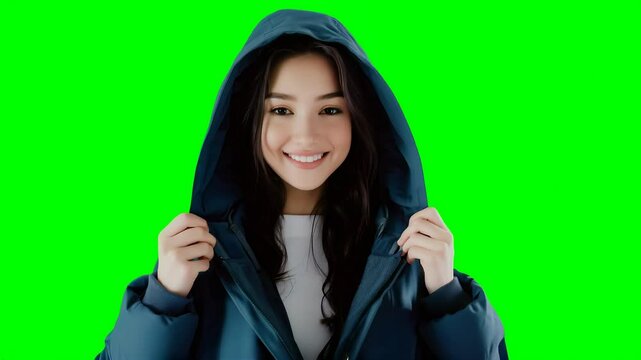 Smiling person in a hooded jacket during a green screen session