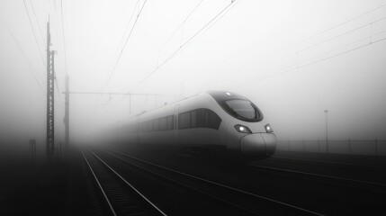 Fototapeta premium A high-speed train speeding through a foggy morning, with only the silhouette of the train visible through the dense mist