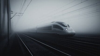 Fototapeta premium A high-speed train speeding through a foggy morning, with only the silhouette of the train visible through the dense mist