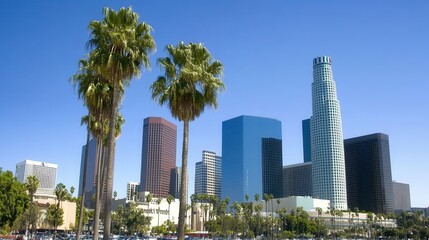 Vibrant Cityscape of Downtown Los Angeles with Palm Trees in the Foreground