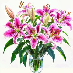 A bouquet of lilies presented in a watercolor botanical illustration, featuring floral elements..An elegant watercolor botanical illustration showcasing a bouquet of lilies with various floral