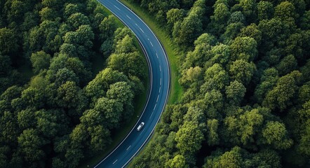 Fototapeta premium Winding road through lush green forest in a serene natural landscape
