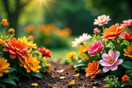 Flores frescas y variadas se colocan en una alfombra en un jard?n, flores, naturaleza