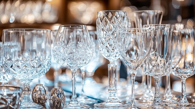 Collection of crystal glassware on display.
