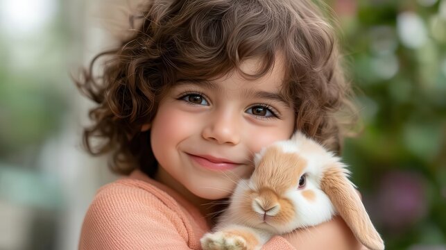 A child hugging a rabbit, vibrant studio setup with colorful props, capturing innocence and tender friendship, family-friendly imagery.