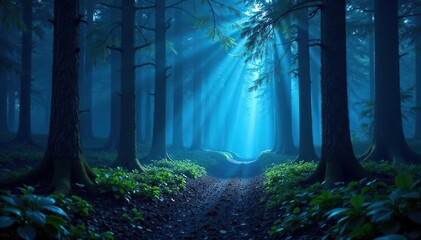 Naklejka premium Forest floor illuminated by an unearthly, blue-white glow, , illumination