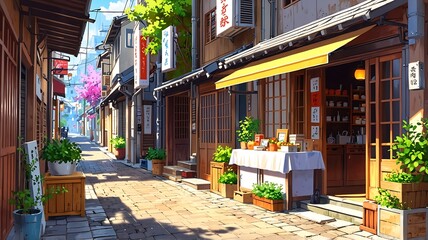 Fototapeta premium Sunlit Japanese Street Scene: Charming Alleyway with Traditional Shops and Blooming Cherry Blossoms
