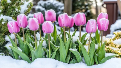 Springtime blossoms. Tulips bloom, their vibrant colors softening the snow under a hazy, sparkling lens. Generated by AI.