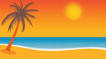 Obraz premium Tranquil Sunset Over Calm Ocean with Palm Tree on Tropical Beach Scene