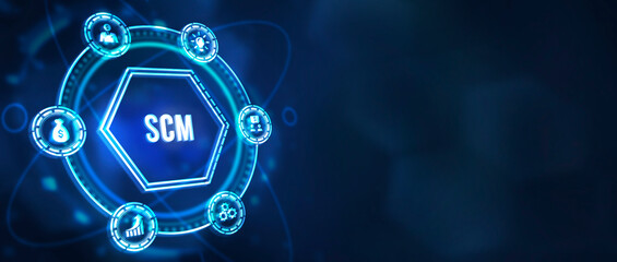 Internet, business, Technology and network concept. SCM - Supply Chain Management.  Supply Chain Management SCM. Aspects of Modern Company Logistics Processes. 3d illustration