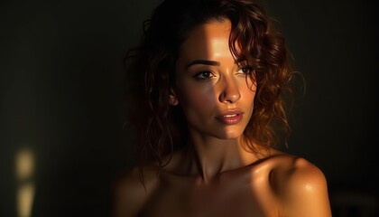 Naklejka premium Women portrait.The dramatic play of light and shadow adds depth and intrigue to the composition, creating a captivating visual narrative in the scene.Seductive woman