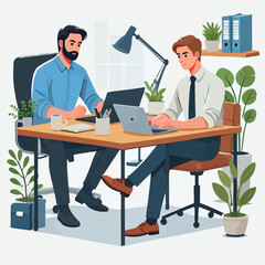 Fototapeta premium a man is using his laptop sitting on a chair looking in the laptop colourful vector on a white background