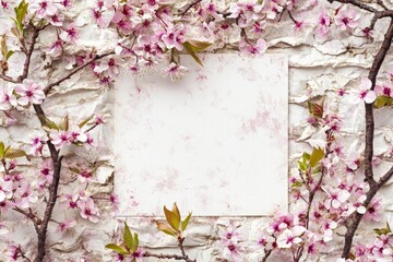 Fototapeta premium White paper with spring flowers surrounding it, ready for copying, shown from a top view. Created using Stock..A white sheet of paper decorated with spring flowers, suitable for copying, presented in