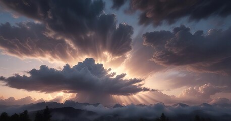 Fototapeta premium Gentle beam of light breaks through layered clouds during tranquil evening hours, warm glow , natural wonder, evening scene