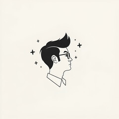 Minimalist Black and White Illustration of a Man in Profile With Stars