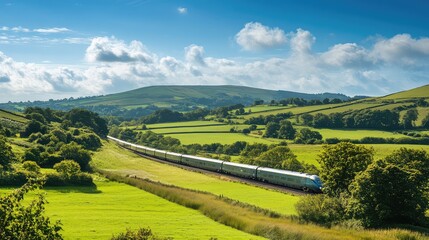 Obraz premium A high-speed train speeding through the lush green countryside, with rolling hills and fields stretching out under a bright blue sky