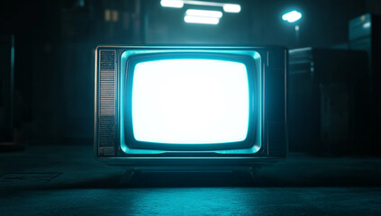 Vintage Television Set with Bright White Screen in a Dark Room