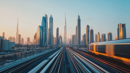 Fototapeta premium A high-speed train speeding toward a city skyline, with the towering buildings and glass facades standing tall against a clear, sunny sky