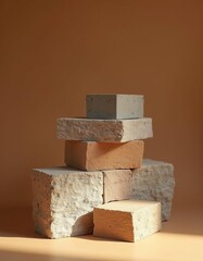 A conceptual stack of stone building bricks, concrete and timber. It is set against a solid brown background to highlight the contrast between the different objects and background 