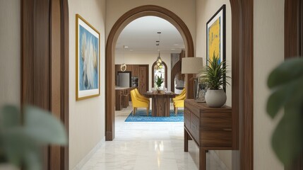 Elegant hallway with arched doorway leading to dining area, featuring wooden furniture, yellow chairs, and blue rug.