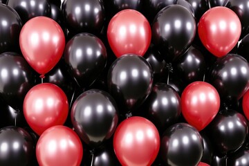 A collection of shiny black and red balloons creates an eye-catching, festive atmosphere, perfect for celebrations, parties, or special events with a festive theme.