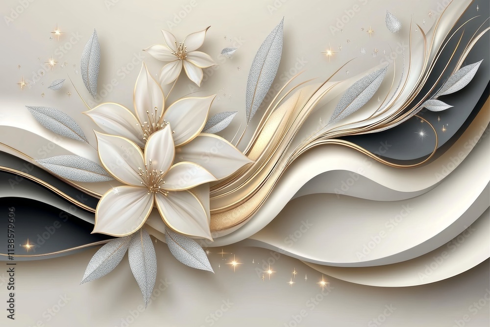 Poster abstract white flowers on a black background with gold, forming a seamless pattern..a seamless textu