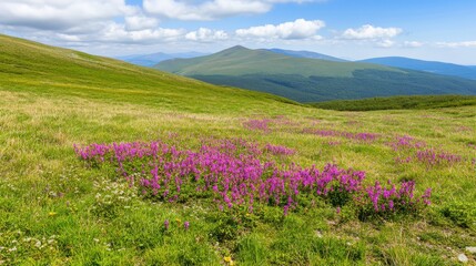 Vibrant Purple Wildflowers Blooming on Lush Green Hills Under Sunny Sky