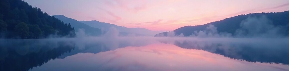 Fototapeta premium Gradient mist shrouds a tranquil lake at dusk, serenity, calm, tranquil