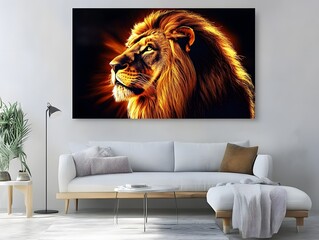 Majestic Portrait of a Lion Against a Brightly Lit Background Showcasing Strength and Beauty in a Modern Living Room Setting
