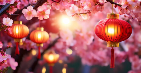 red chinese lantern hanging from tree, vintage charm, cherry blossom, chinese new year celebration, light pink and amber, copy space