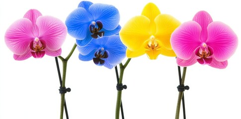 A standalone branch of colorful orchid flowers against a clear background. Stock image