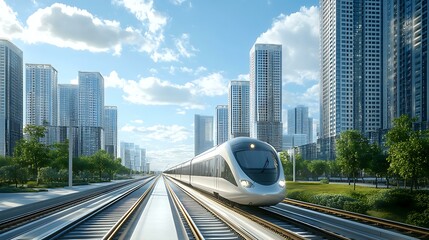 Naklejka premium Modern electric train speeding through an urban area with tall buildings in the background