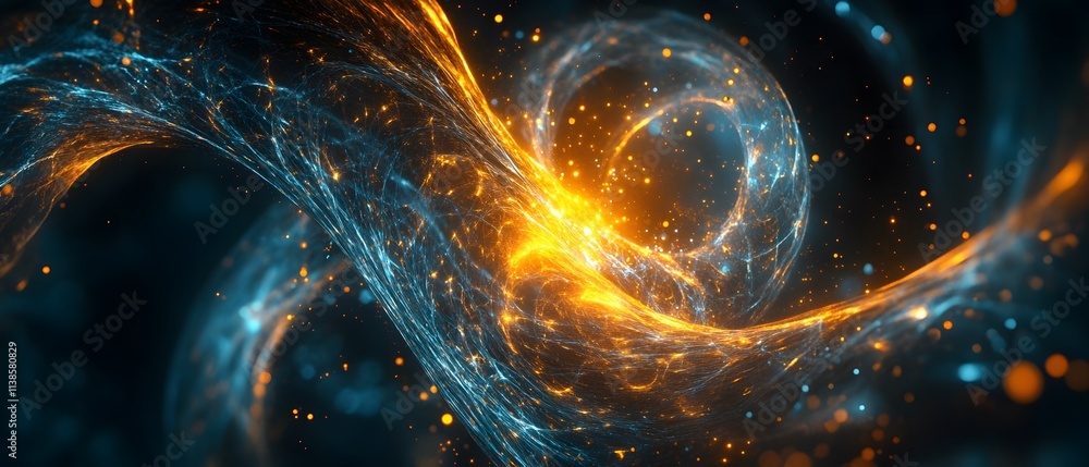 Poster Dynamic Abstract Swirling Colors of Orange and Blue Light with Glowing Particles Creating a Futuristic and Ethereal Background for Creative Projects